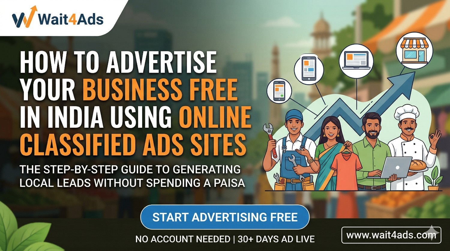 How To Advertise Your Business Free In India Using Online Classified Ads Sites in 2026 - Blog Cover Image on Wait4Ads Blog