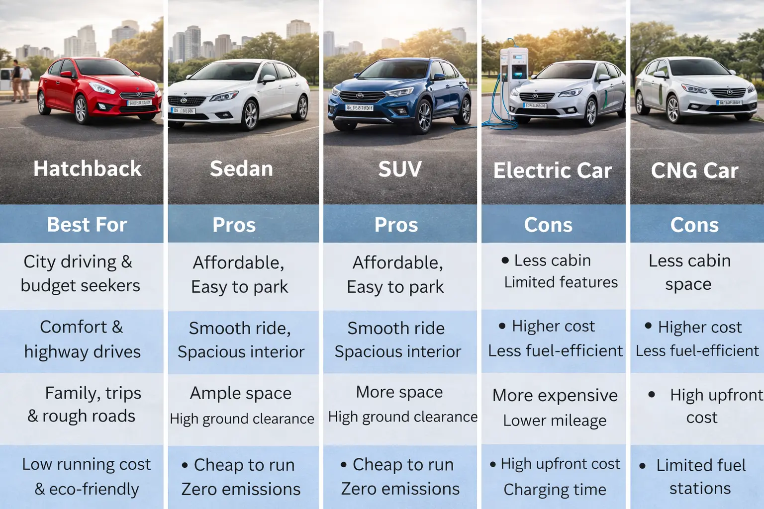 Car comparison chart with pros and cons