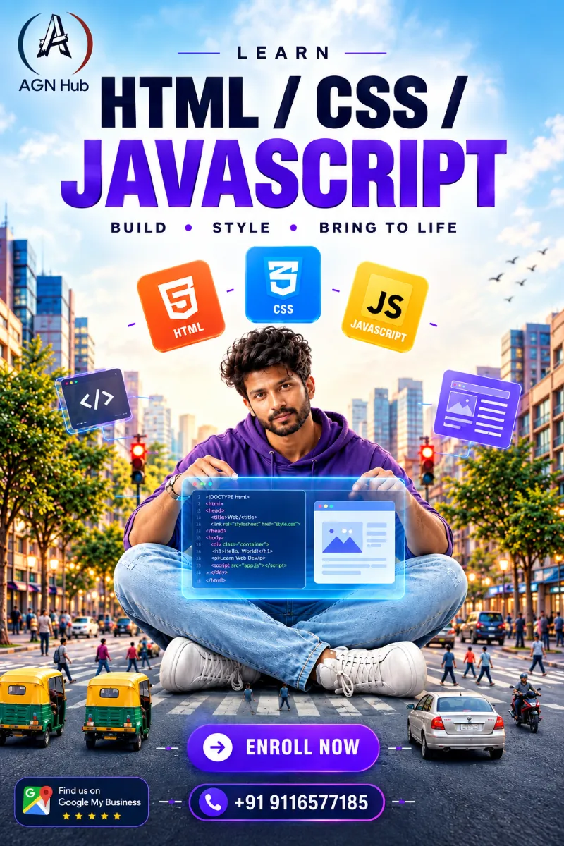 Learn HTML, CSS & JavaScript at AGN Hub. Build, style and develop mode
