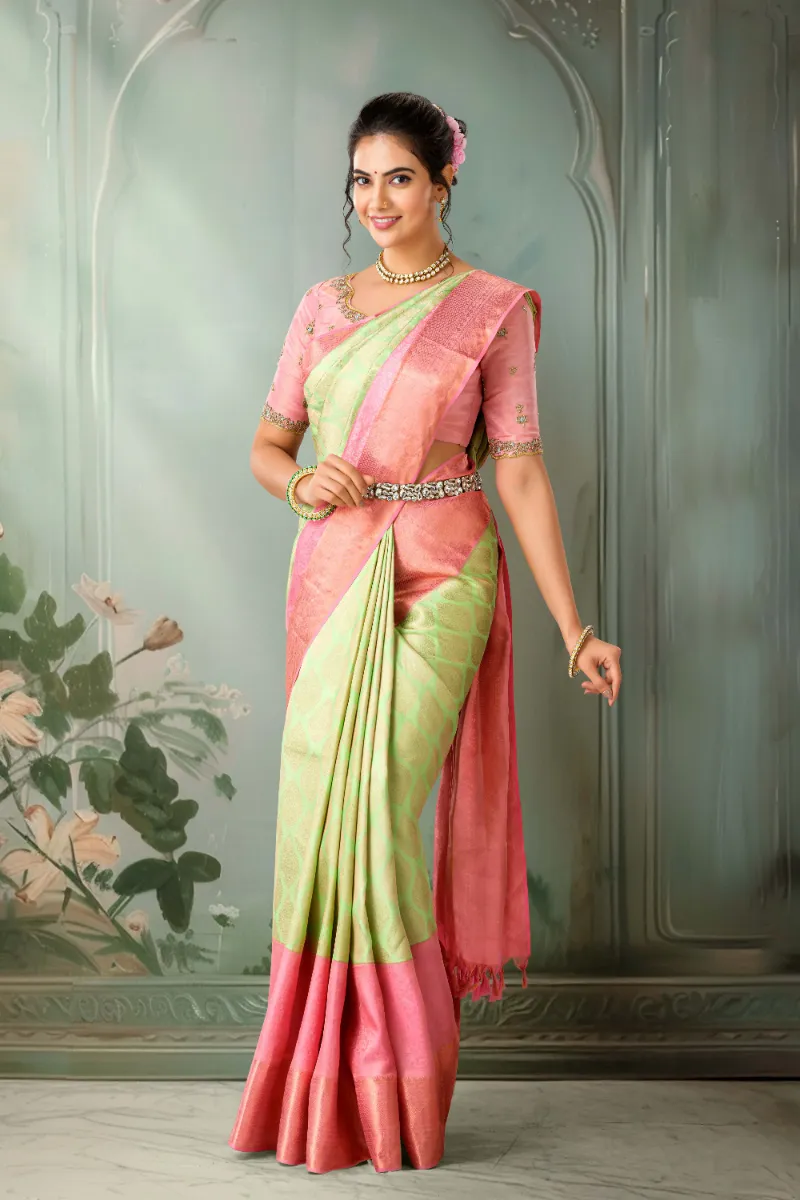 Light Green Kanchipuram Pure Silk Saree Golden Zari Motifs