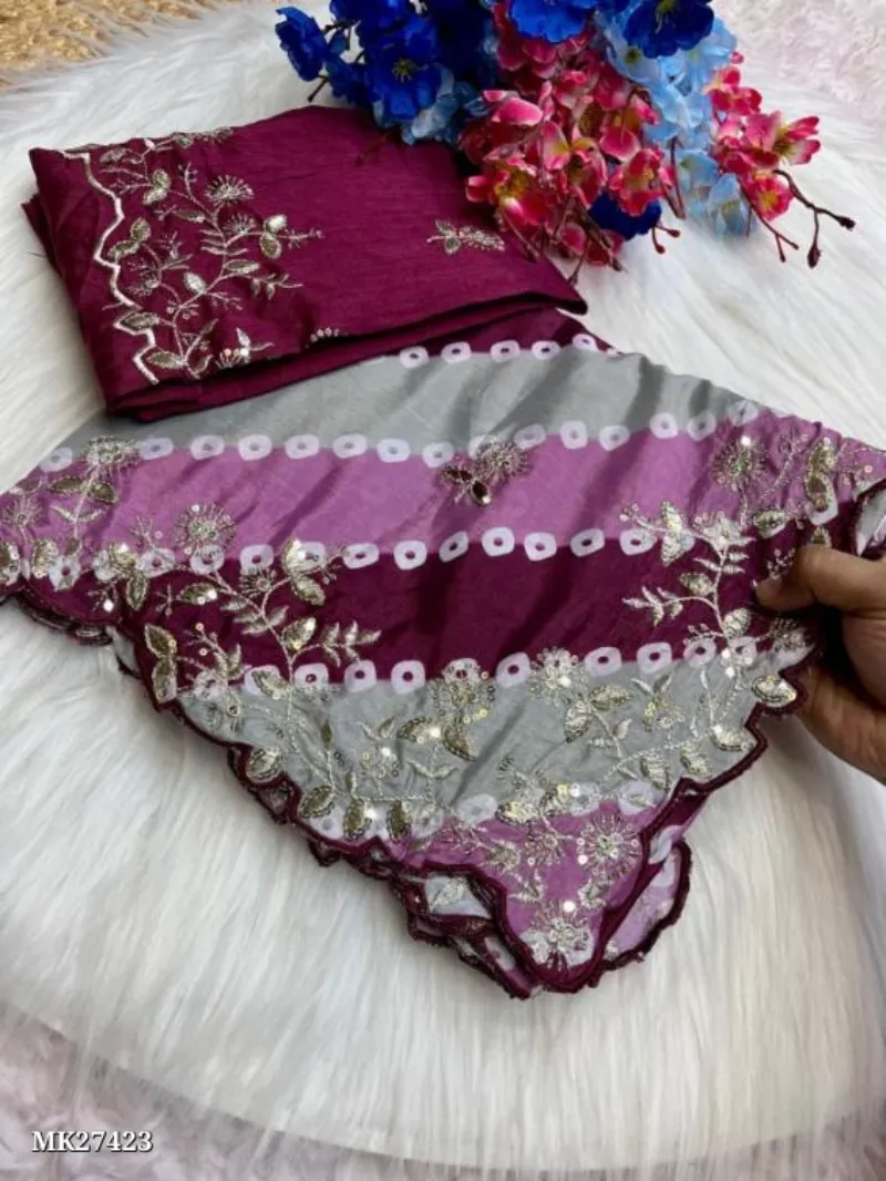 Chinon Silk Digital Print Saree With embroidery work 