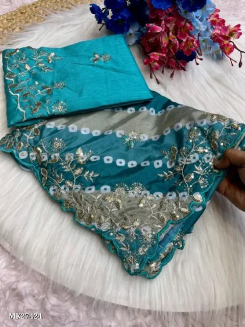 Chinon Silk Digital Print Saree With embroidery work 