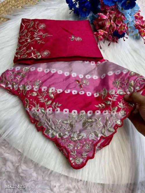 Chinon Silk Digital Print Saree With embroidery work 