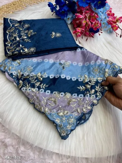 Chinon Silk Digital Print Saree With embroidery work 
