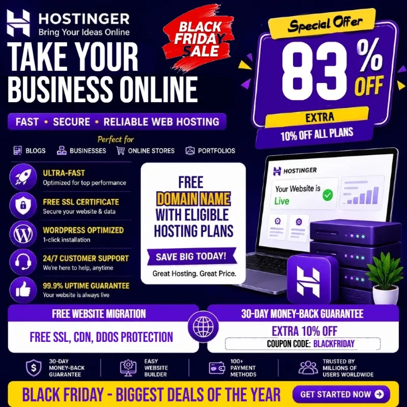 Hostinger Black Friday Sale 2026 – Get 83% + Extra 10% OFF + Free Domain